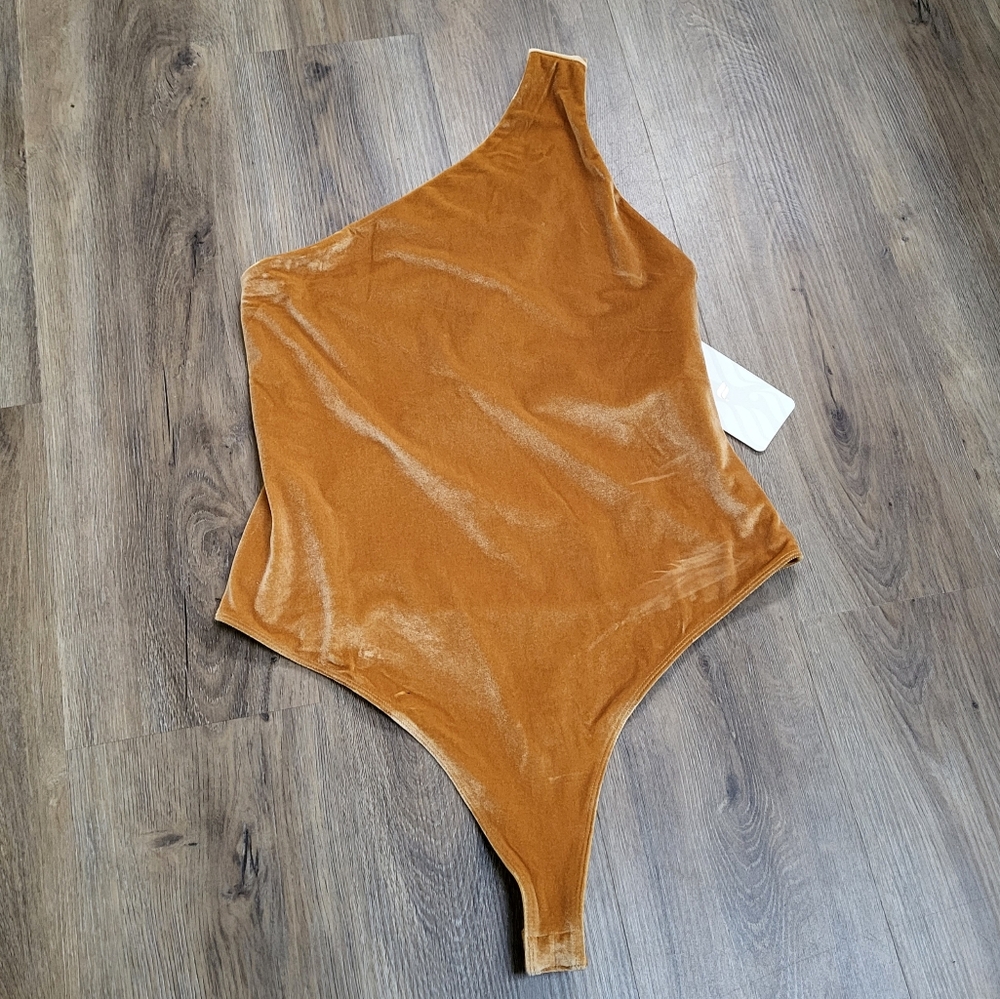 FABLETICS Gigi Velour Bodysuit Honey XL New Orange Velvet One Shoulder